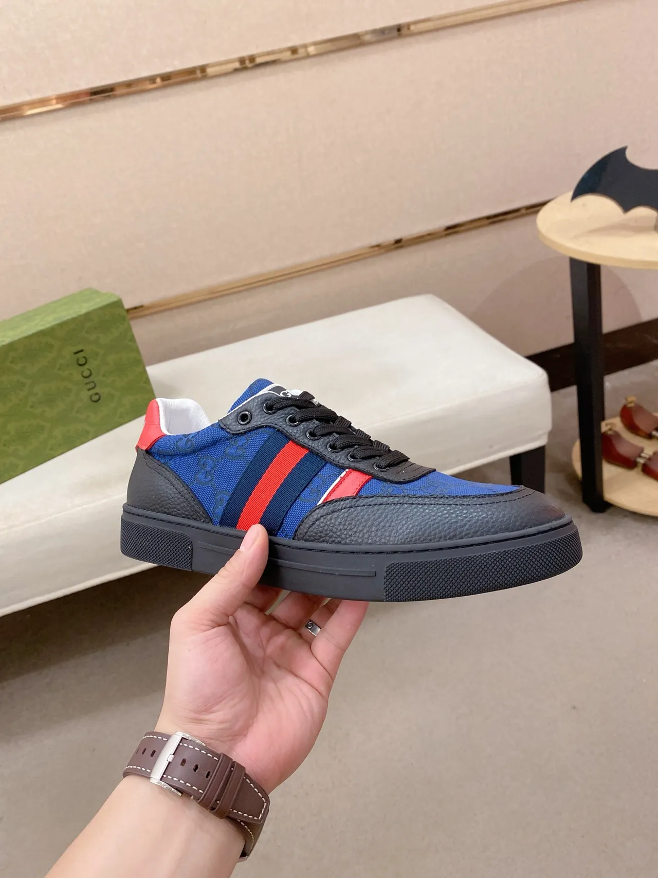 Gucci Blue Black GG Monogram Canvas Web Stripe Detail Lifestyle Sneakers 5