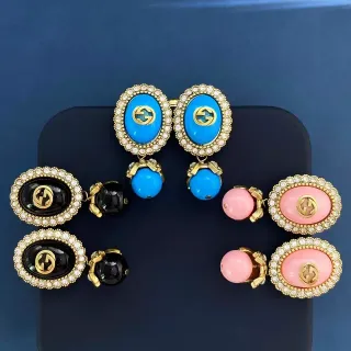 Gucci Blue Gold Oval Resin Face Crystal-Encrusted Border Earrings