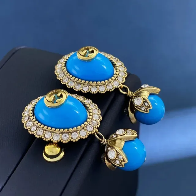Gucci Blue Gold Oval Resin Face Crystal-Encrusted Border Earrings 2