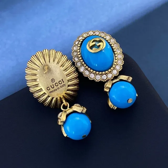 Gucci Blue Gold Oval Resin Face Crystal-Encrusted Border Earrings 3