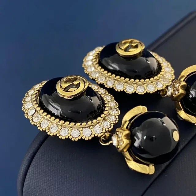 Gucci Blue Gold Oval Resin Face Crystal-Encrusted Border Earrings 4