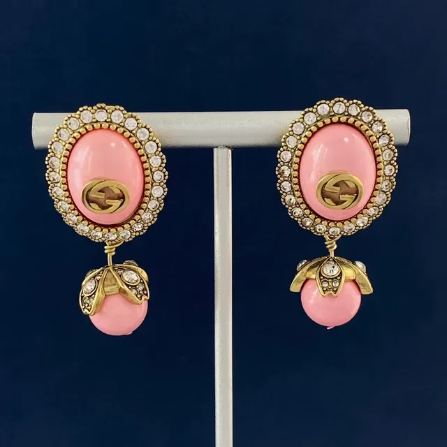 Gucci Blue Gold Oval Resin Face Crystal-Encrusted Border Earrings 6