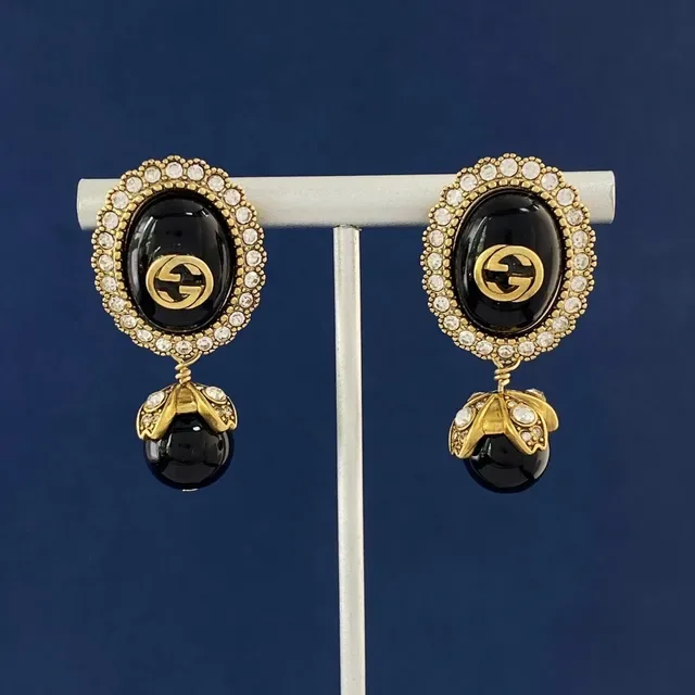 Gucci Blue Gold Oval Resin Face Crystal-Encrusted Border Earrings 7