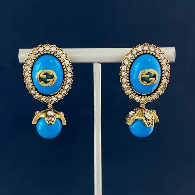 Gucci Blue Gold Oval Resin Face Crystal-Encrusted Border Earrings 8