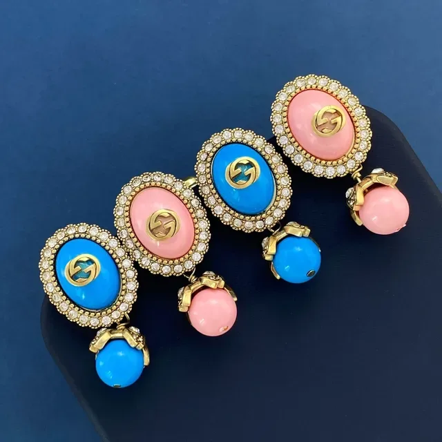 Gucci Blue Gold Oval Resin Face Crystal-Encrusted Border Earrings 9