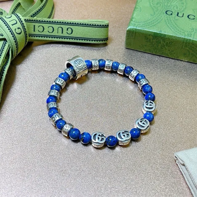 Gucci Blue Silver Beaded Lapis Lazuli Bracelet 7