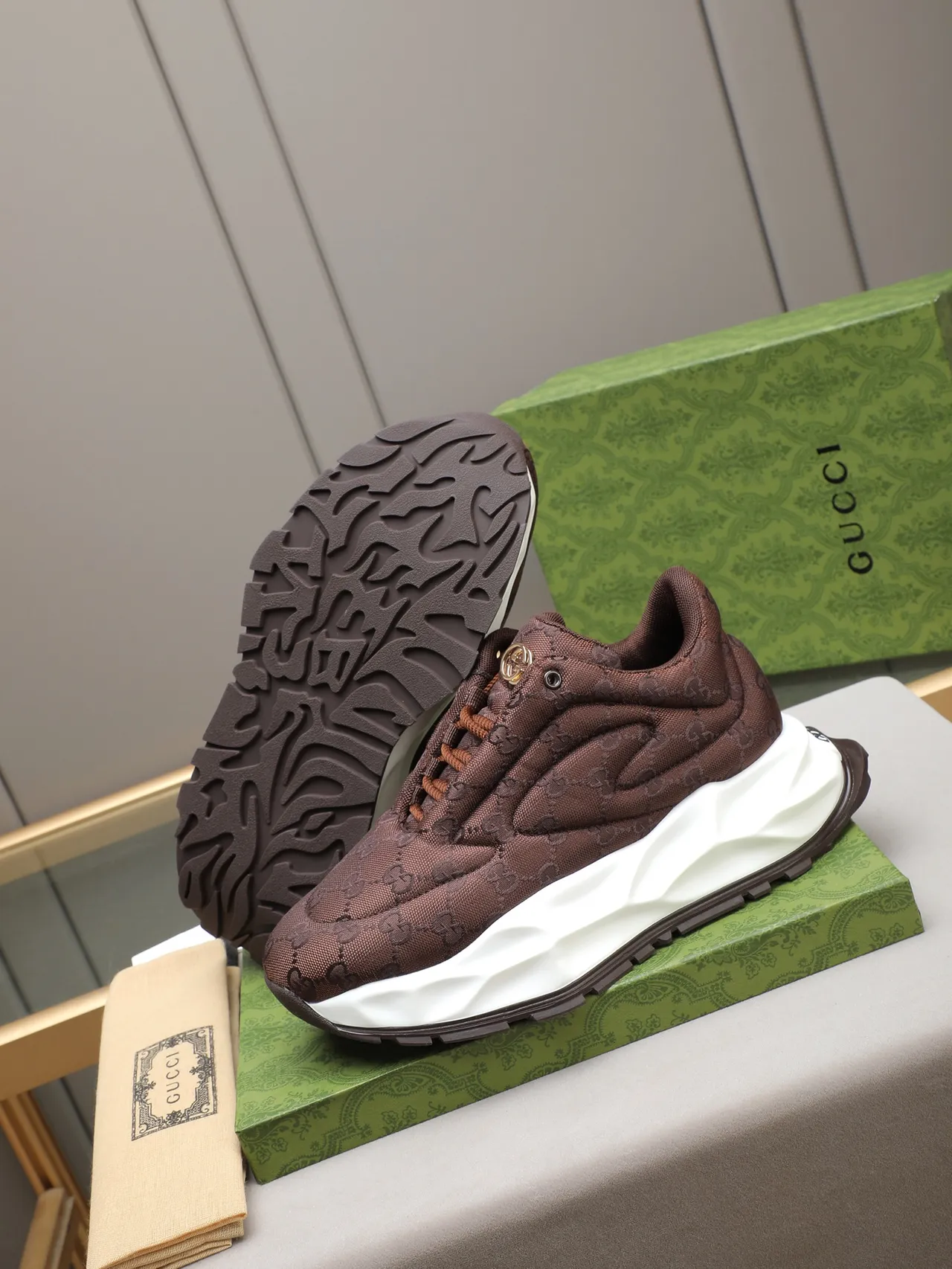 Gucci Brown White Quilted Monogram Upper Slip-On Construction Chunky Sneakers 4