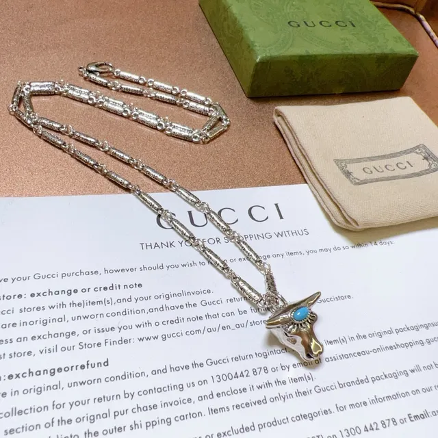 Gucci Bull Head Pendant Silver Blue Engraved Link Chain Necklace 3