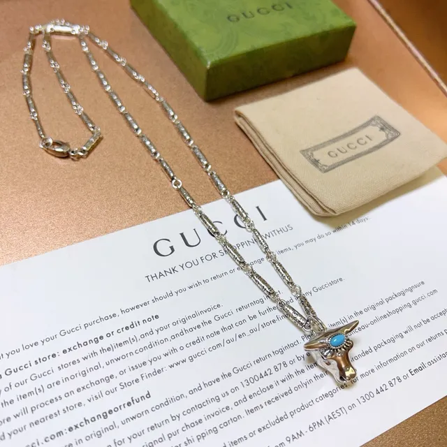 Gucci Bull Head Pendant Silver Blue Engraved Link Chain Necklace 4