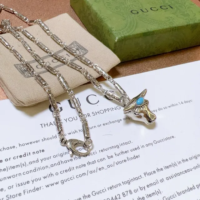 Gucci Bull Head Pendant Silver Blue Engraved Link Chain Necklace 6