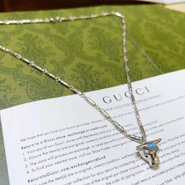 Gucci Bull Head Pendant Silver Blue Engraved Link Chain Necklace 7