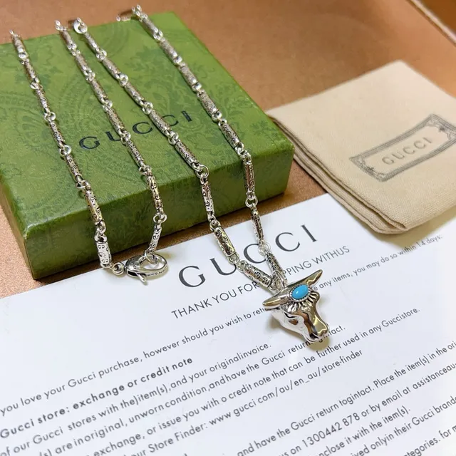 Gucci Bull Head Pendant Silver Blue Engraved Link Chain Necklace 9