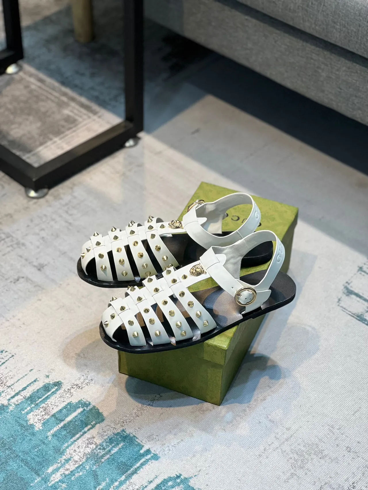 Gucci Dionysus Sandália Gladiator Sandália Branca Dourada Com Rebites Multi Cinta Acentuação Cabeça Medusa Sandálias Gladiator 7