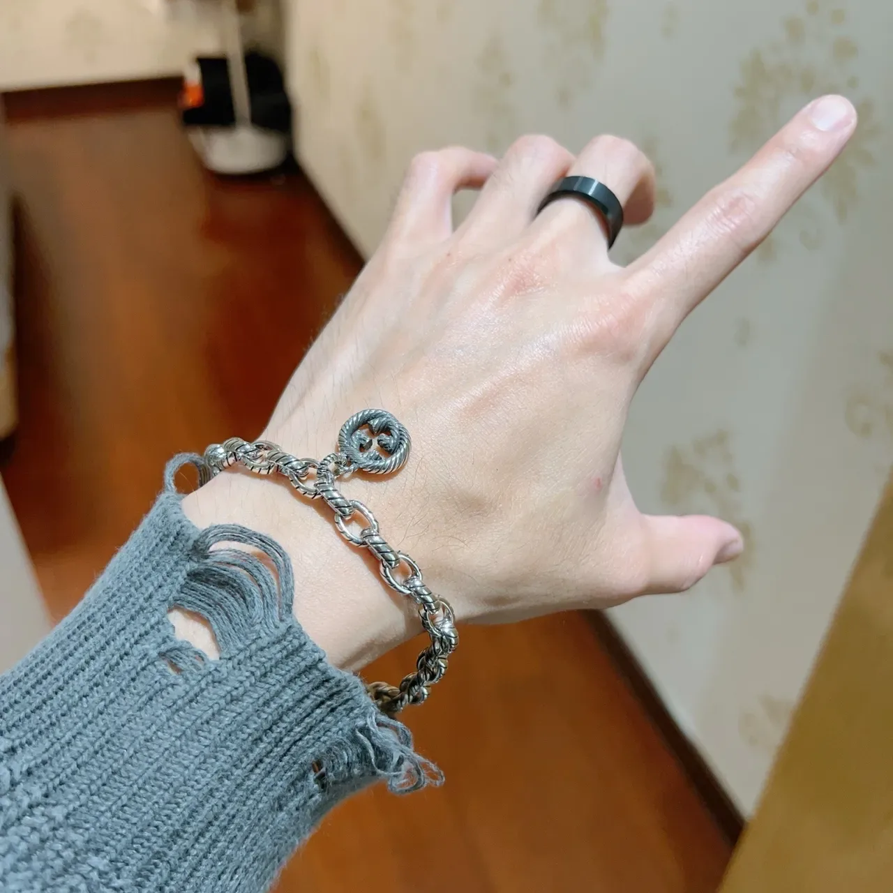 Gucci Dionysus Silver Black Twisted Rope-Link Chain Oxidized Finish Bracelet 5