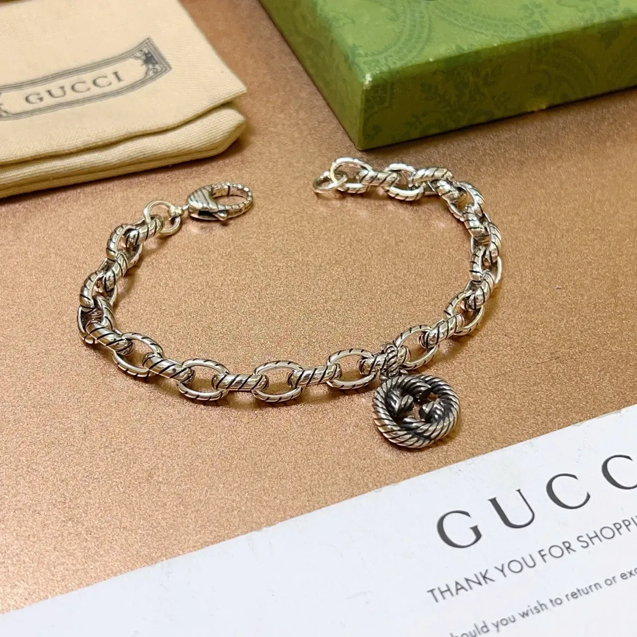 Gucci Dionysus Silver Black Twisted Rope-Link Chain Oxidized Finish Bracelet 9