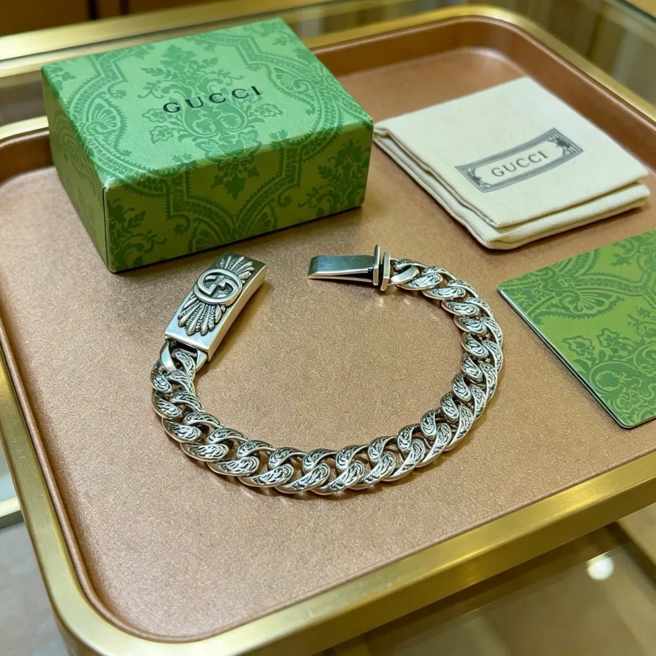 Gucci Dionysus Silver Chunky Curb-Link Chain Engraved Wing Motifs Bracelet 3