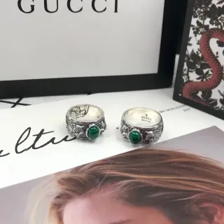Gucci Dionysus Silver Green Ornate Lion-Head Detailing Cabochon Stone Ring