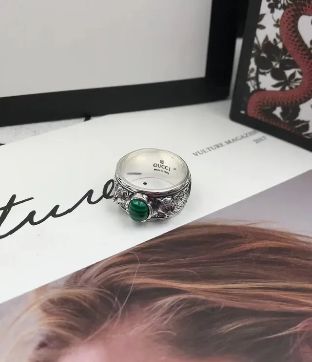 Gucci Dionysus Silver Green Ornate Lion-Head Detailing Cabochon Stone Ring 2