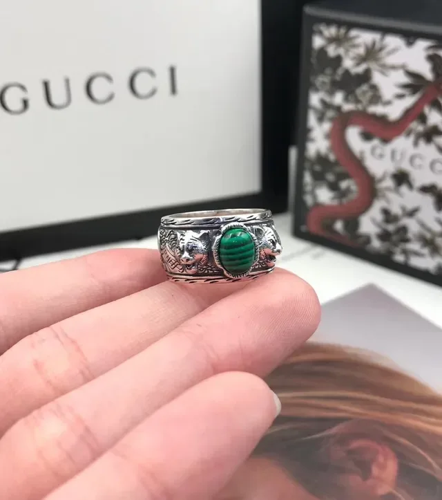 Gucci Dionysus Silver Green Ornate Lion-Head Detailing Cabochon Stone Ring 4