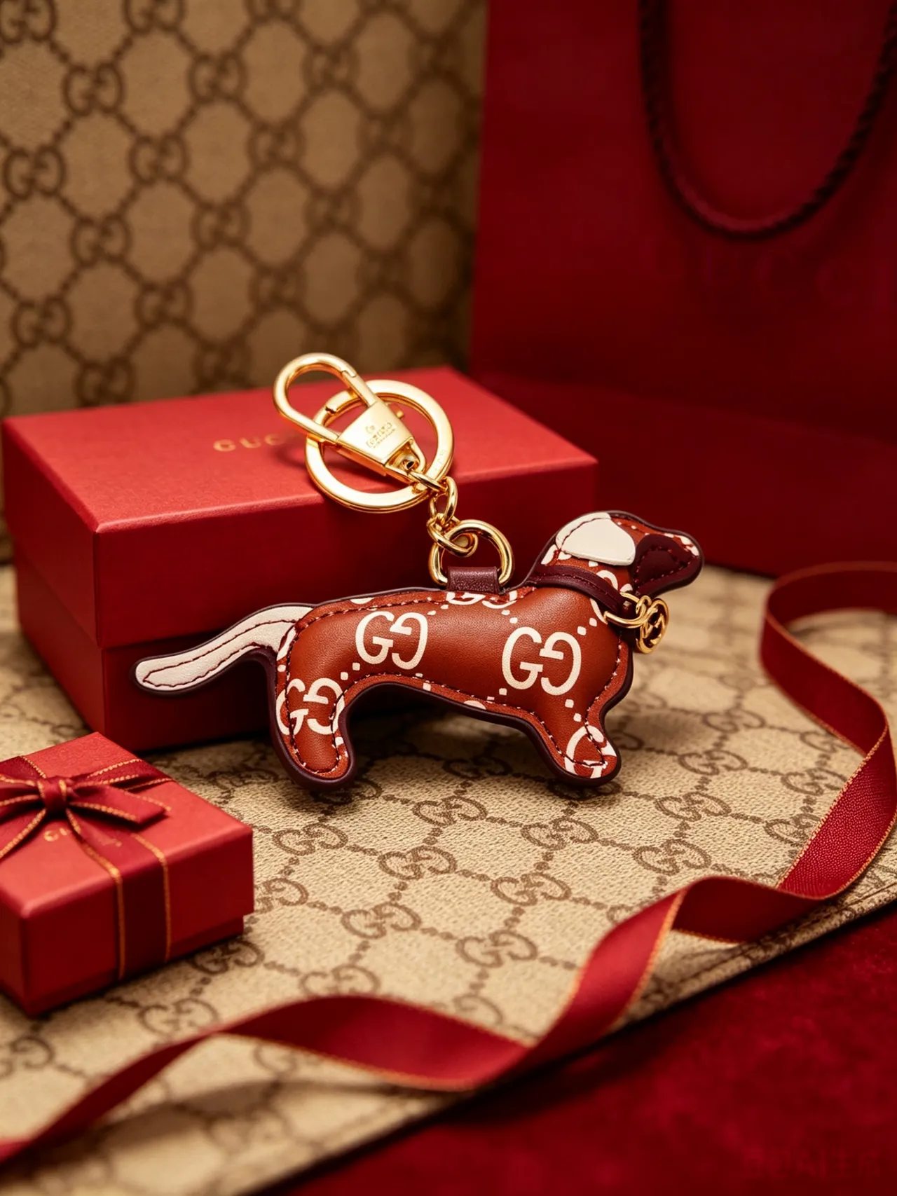 Gucci porte-clés chien marron beige cuir silhouette entrelacé GG impression du monogramme étui téléphone 3