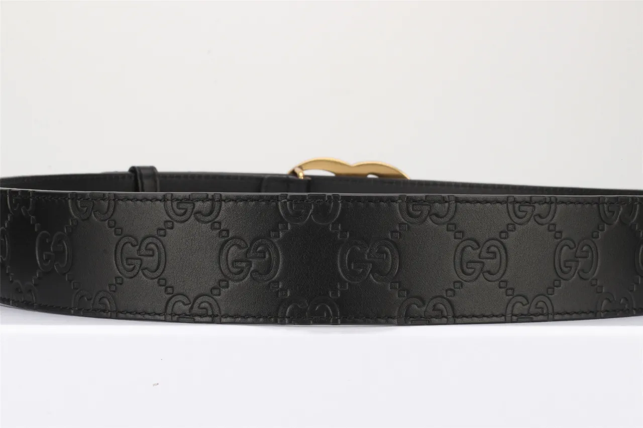 Gucci Double G ceinture noire dorée embossée GG Monogram Polished Buckle cuir 9