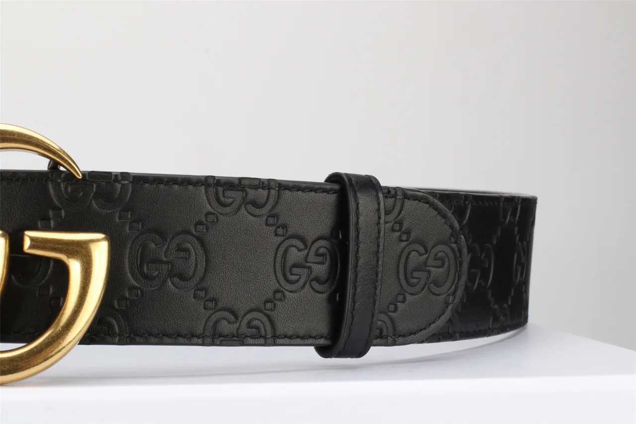 Gucci Double G ceinture noire dorée embossée GG Monogram Polished Buckle cuir 10