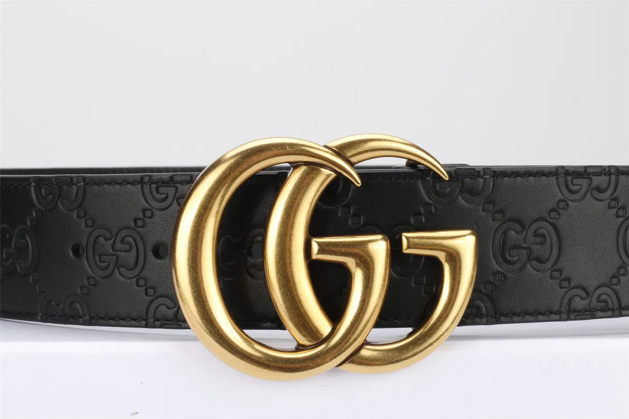 Gucci Double G ceinture noire dorée embossée GG Monogram Polished Buckle cuir 11