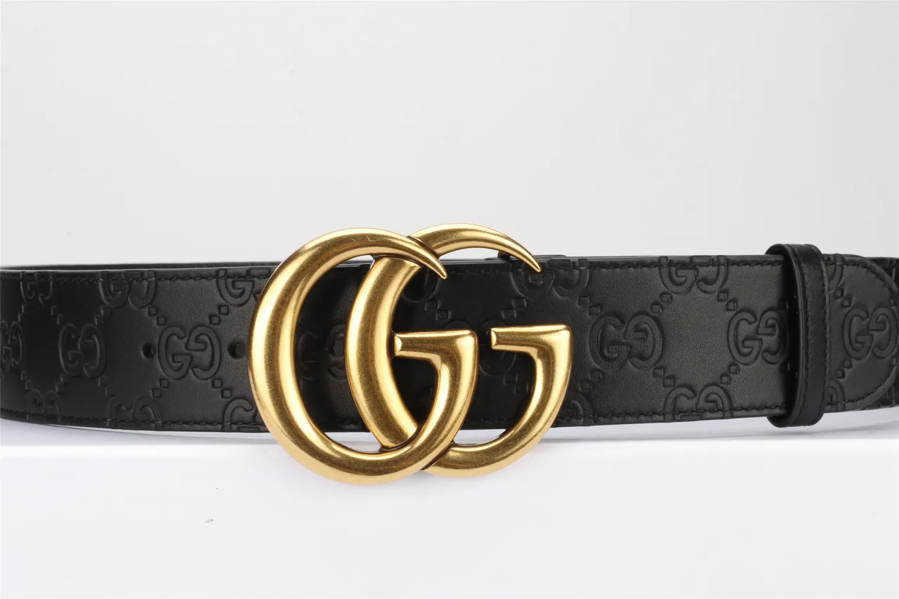 Gucci Double G ceinture noire dorée embossée GG Monogram Polished Buckle cuir 12