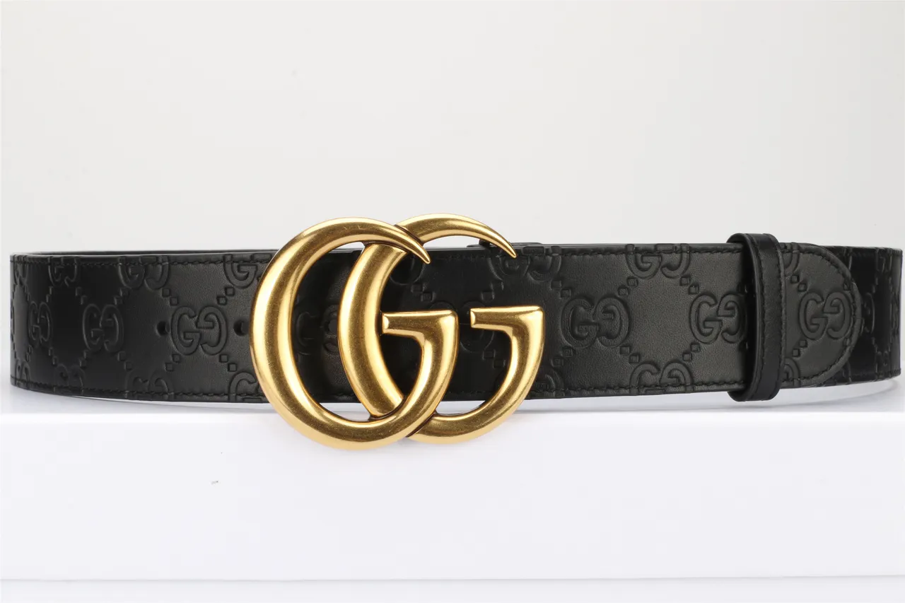 Gucci Double G ceinture noire dorée embossée GG Monogram Polished Buckle cuir 13