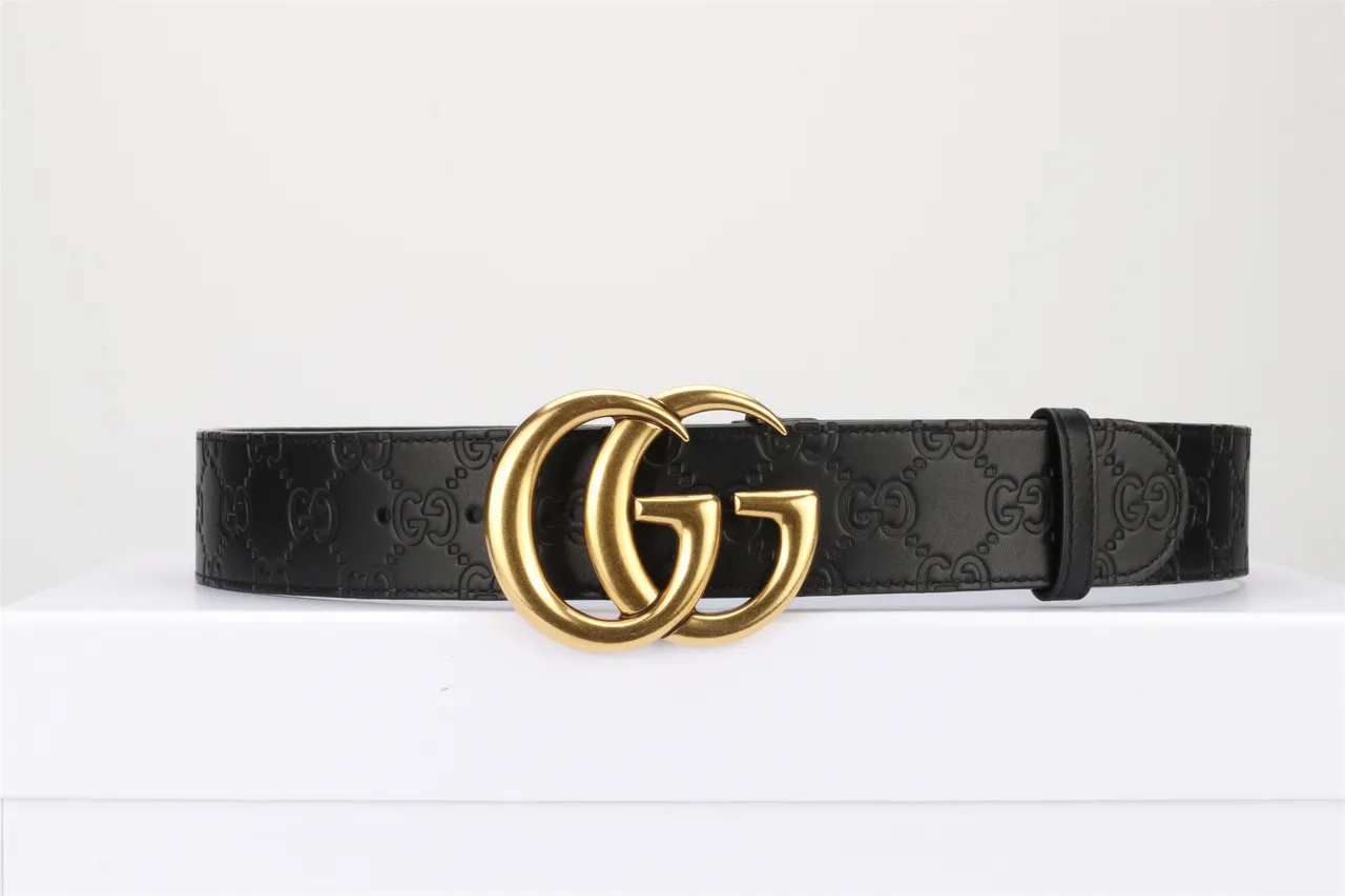 Gucci Double G ceinture noire dorée embossée GG Monogram Polished Buckle cuir 14
