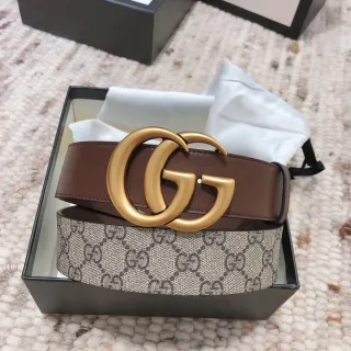 Gucci Double G বাদামী এবং বেইজ দ্বিমুখী চামড়ার বেল্ট