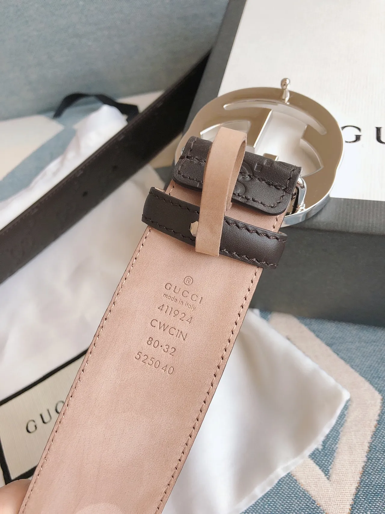 Gucci Double G Belt Brown Silver Embossed GG Monogram Interlocking Buckle Leather Belt 2