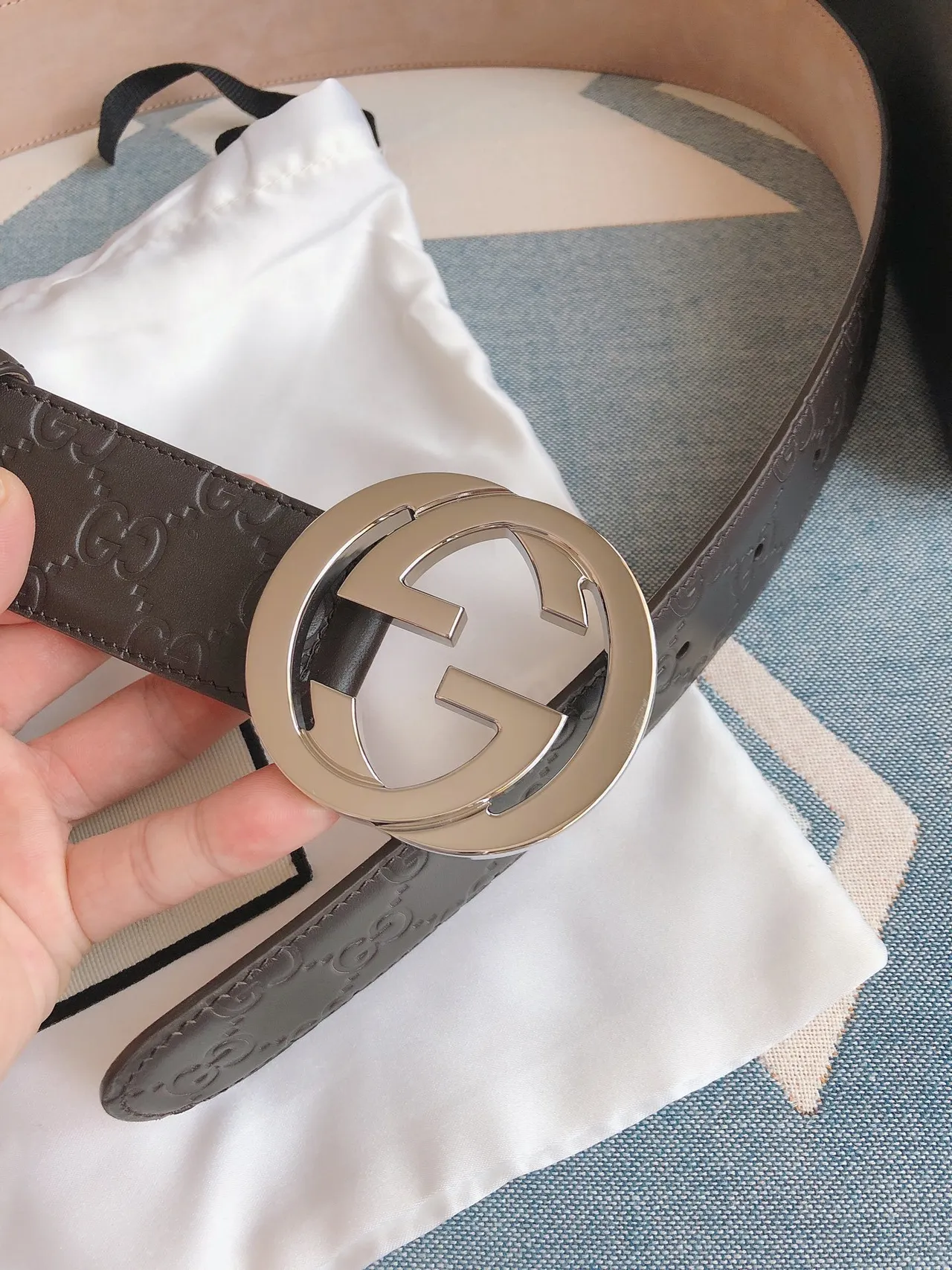 Gucci Double G Belt Brown Silver Embossed GG Monogram Interlocking Buckle Leather Belt 4