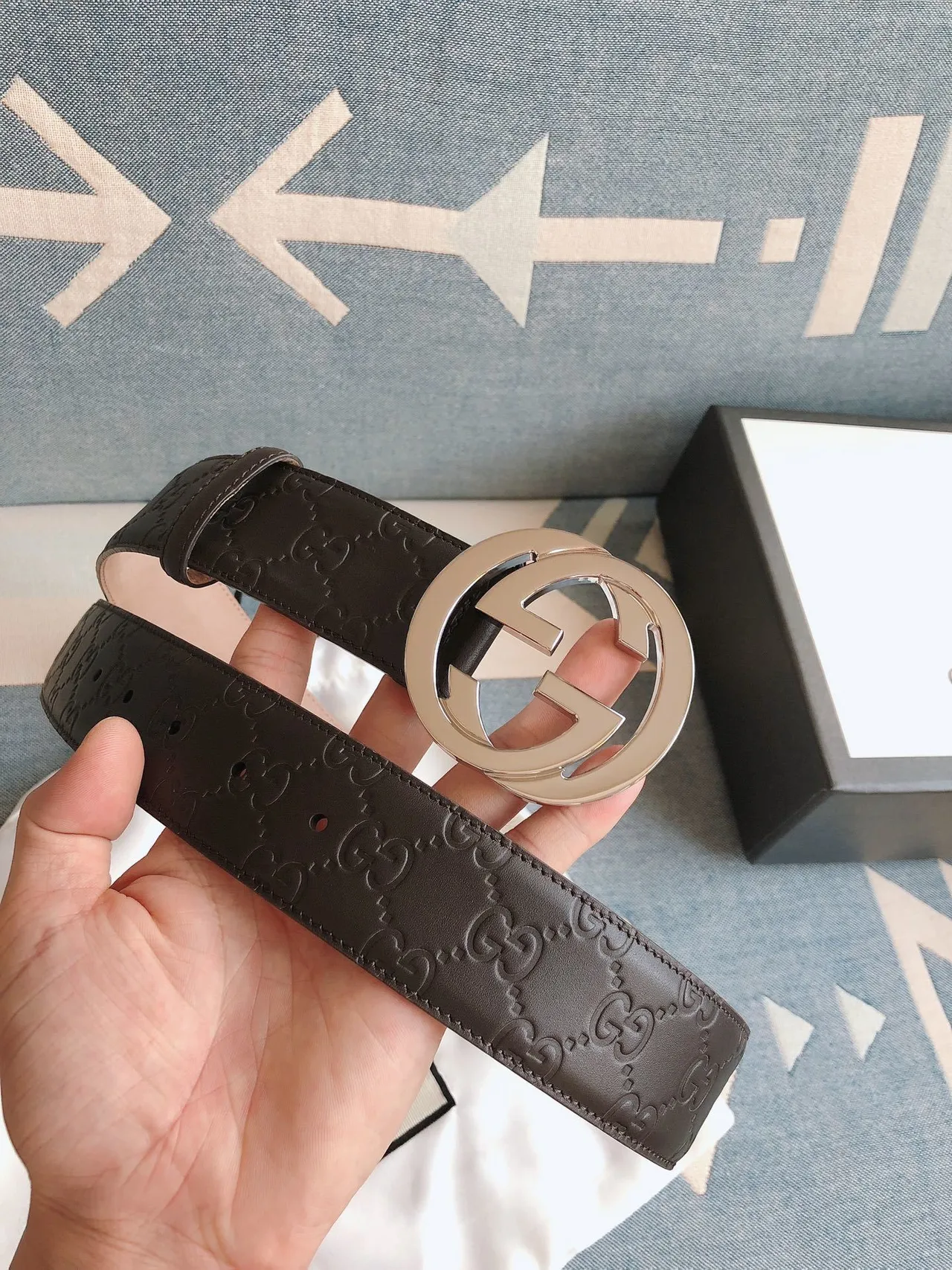 Gucci Double G Belt Brown Silver Embossed GG Monogram Interlocking Buckle Leather Belt 5