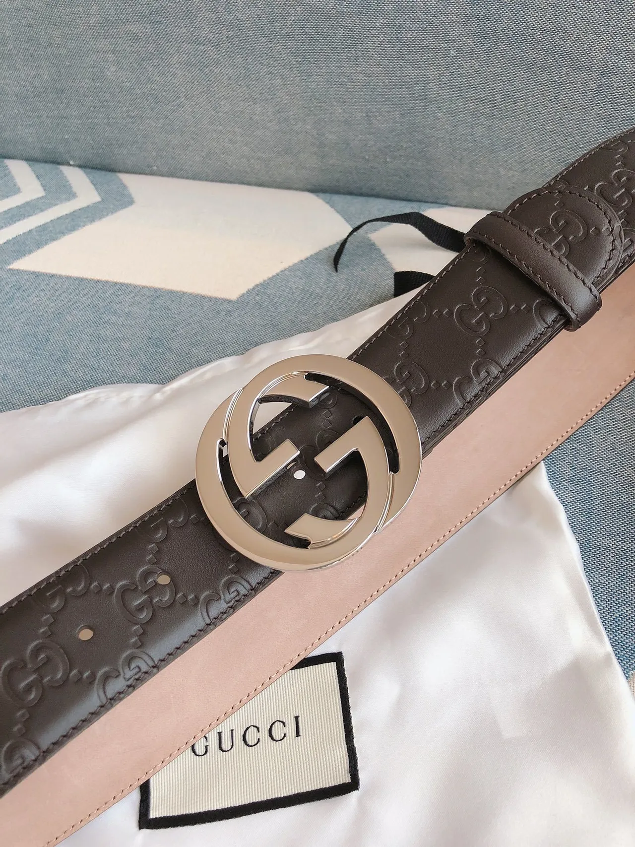 Gucci Double G Belt Brown Silver Embossed GG Monogram Interlocking Buckle Leather Belt 6