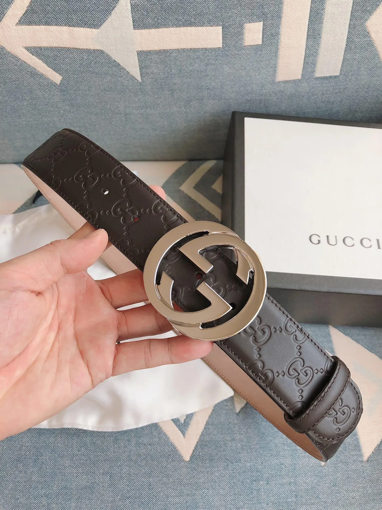 Gucci Double G Belt Brown Silver Embossed GG Monogram Interlocking Buckle Leather Belt 7