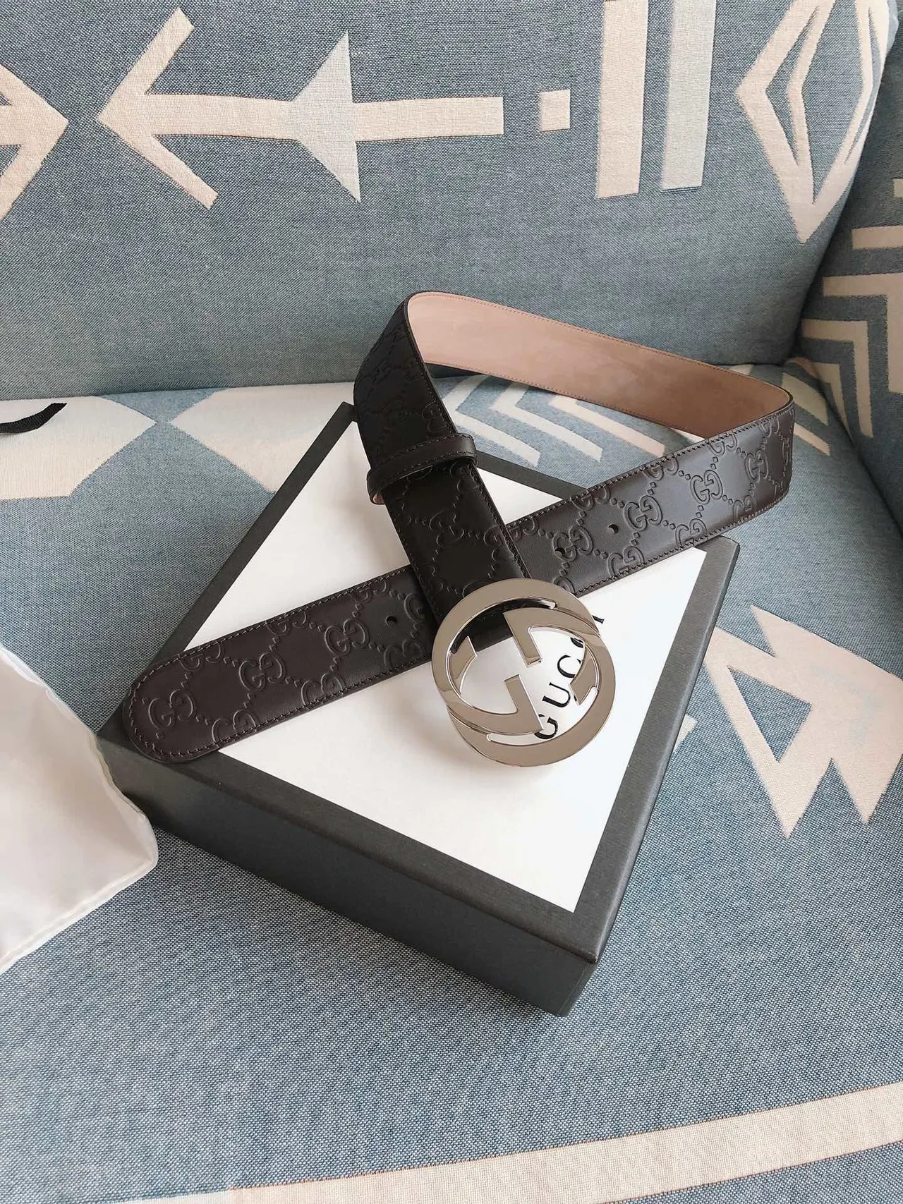 Gucci Double G Belt Brown Silver Embossed GG Monogram Interlocking Buckle Leather Belt 9
