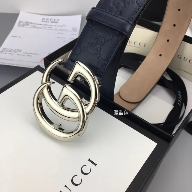 حزام Gucci Double G Navy Beige Embossed GG Monogram Interlocking Silver-Tone Buckle جلدي 3