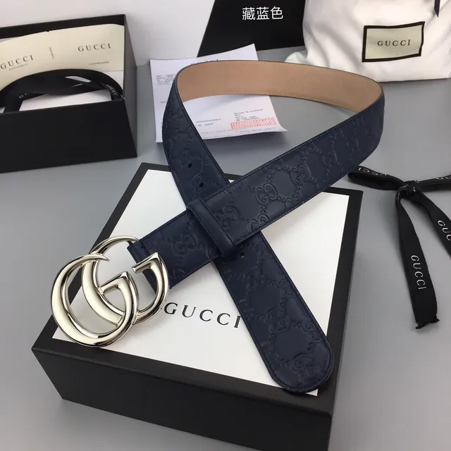 حزام Gucci Double G Navy Beige Embossed GG Monogram Interlocking Silver-Tone Buckle جلدي 6