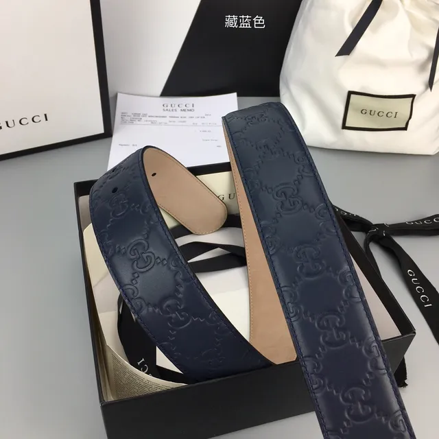 حزام Gucci Double G Navy Beige Embossed GG Monogram Interlocking Silver-Tone Buckle جلدي 7