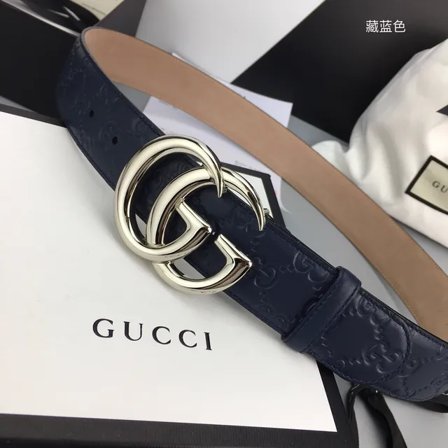 حزام Gucci Double G Navy Beige Embossed GG Monogram Interlocking Silver-Tone Buckle جلدي 9