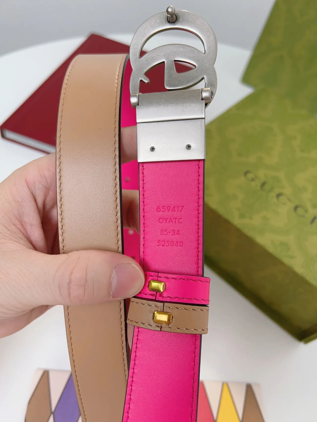 Gucci Double G Ceinture Rose et Beige en Cuir 2