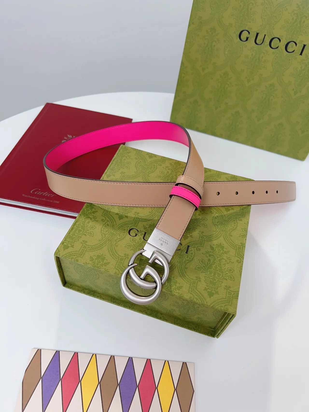 Gucci Double G Ceinture Rose et Beige en Cuir 3