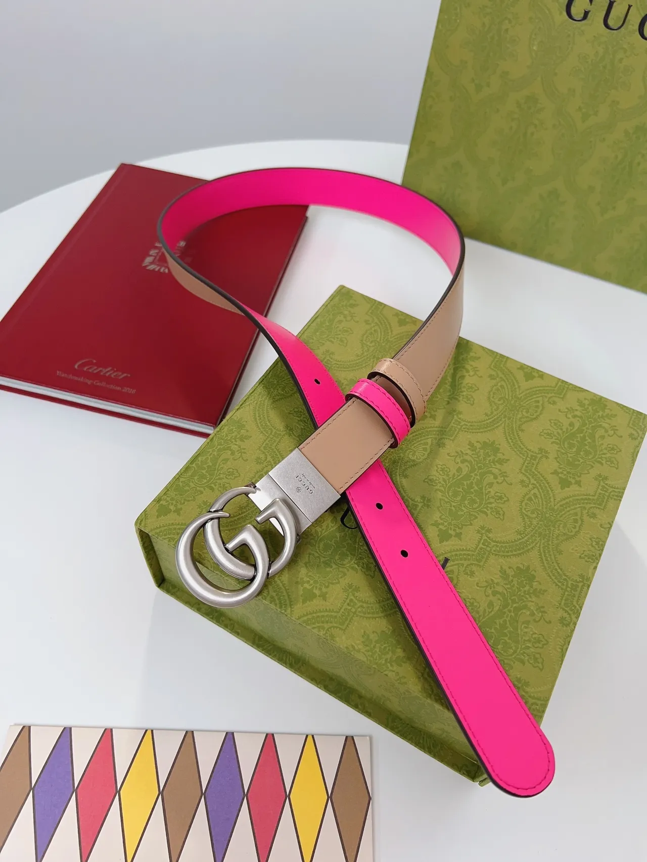 Gucci Double G Ceinture Rose et Beige en Cuir 6