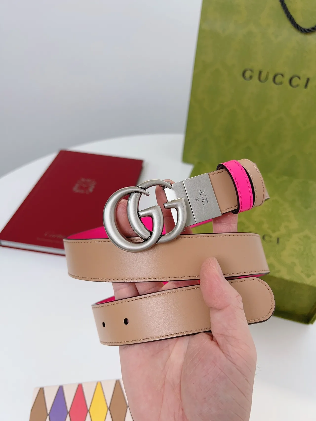 Gucci Double G Ceinture Rose et Beige en Cuir 7