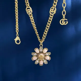 Gucci Flora Pink Enamel and Crystal Flower Pendant Necklace
