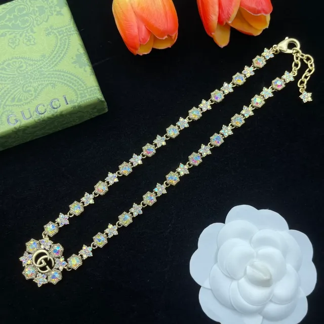 Gucci Floral Crystal Interlocking G Pendant Necklace 3