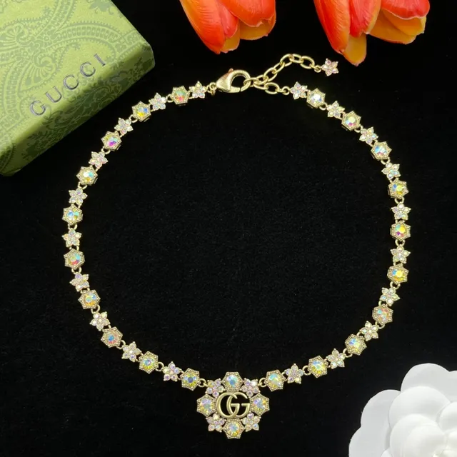 Gucci Floral Crystal Interlocking G Pendant Necklace 4