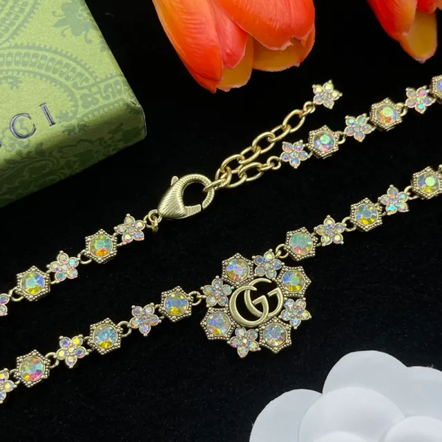 Gucci Floral Crystal Interlocking G Pendant Necklace 5