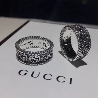 Gucci Floral GG Motif Twisted Rope Edge Silver Rings